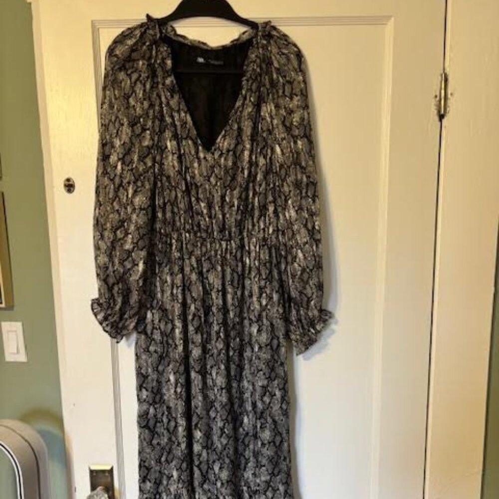 Zara Snake Print Long Sleeve Midi Dress Size S